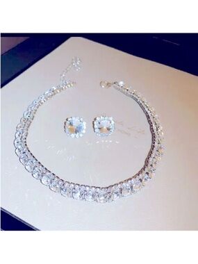Crystal Halo Necklace and Stud Earrings Set - Silver Tone